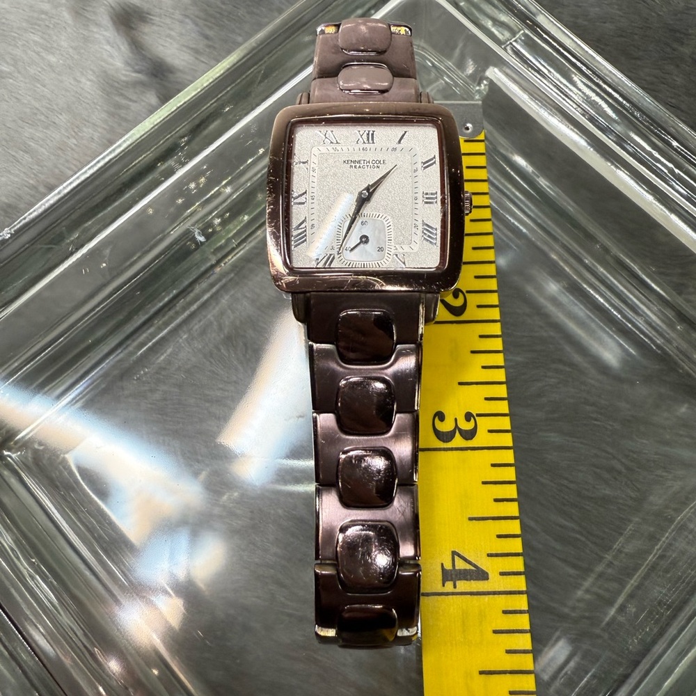KENNETH COLE Rectangular Silver Watch with Brown Strap